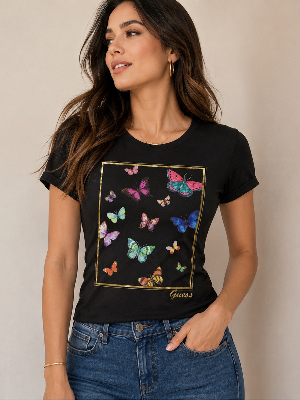 GUESS Black Short-Sleeve Tee with Multicolor Butterfly Print
